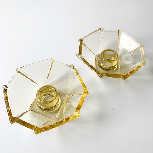 Set of 2 Clear Glass Taper Candle Holders Clear Yellow Mini - Picture 1 of 7